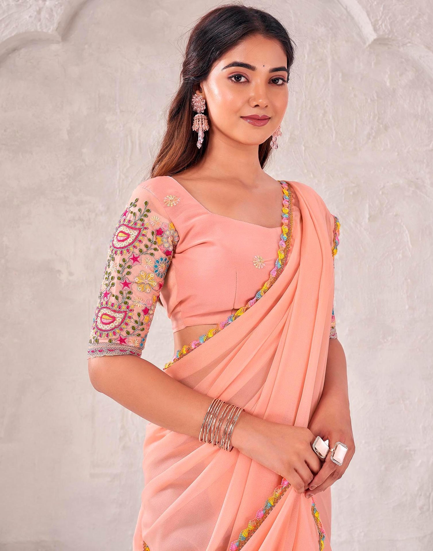 Peach Georgette Embroidery Lace Saree