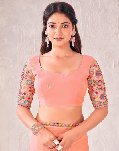 Peach Georgette Embroidery Lace Saree