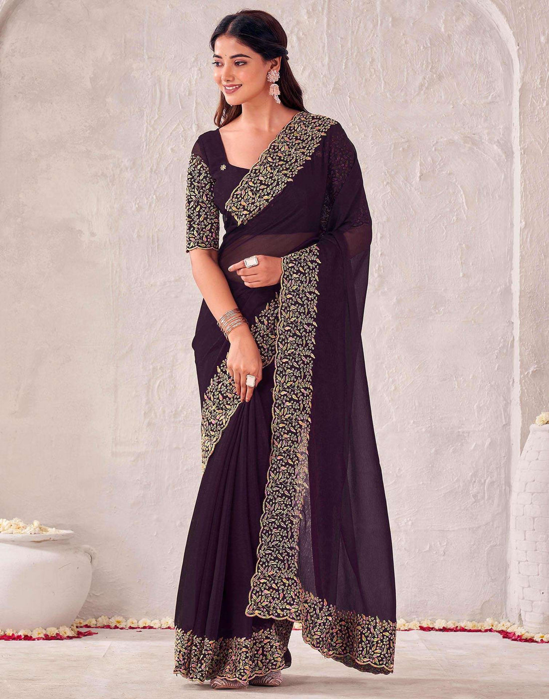Wine Chiffon Embroidery Saree