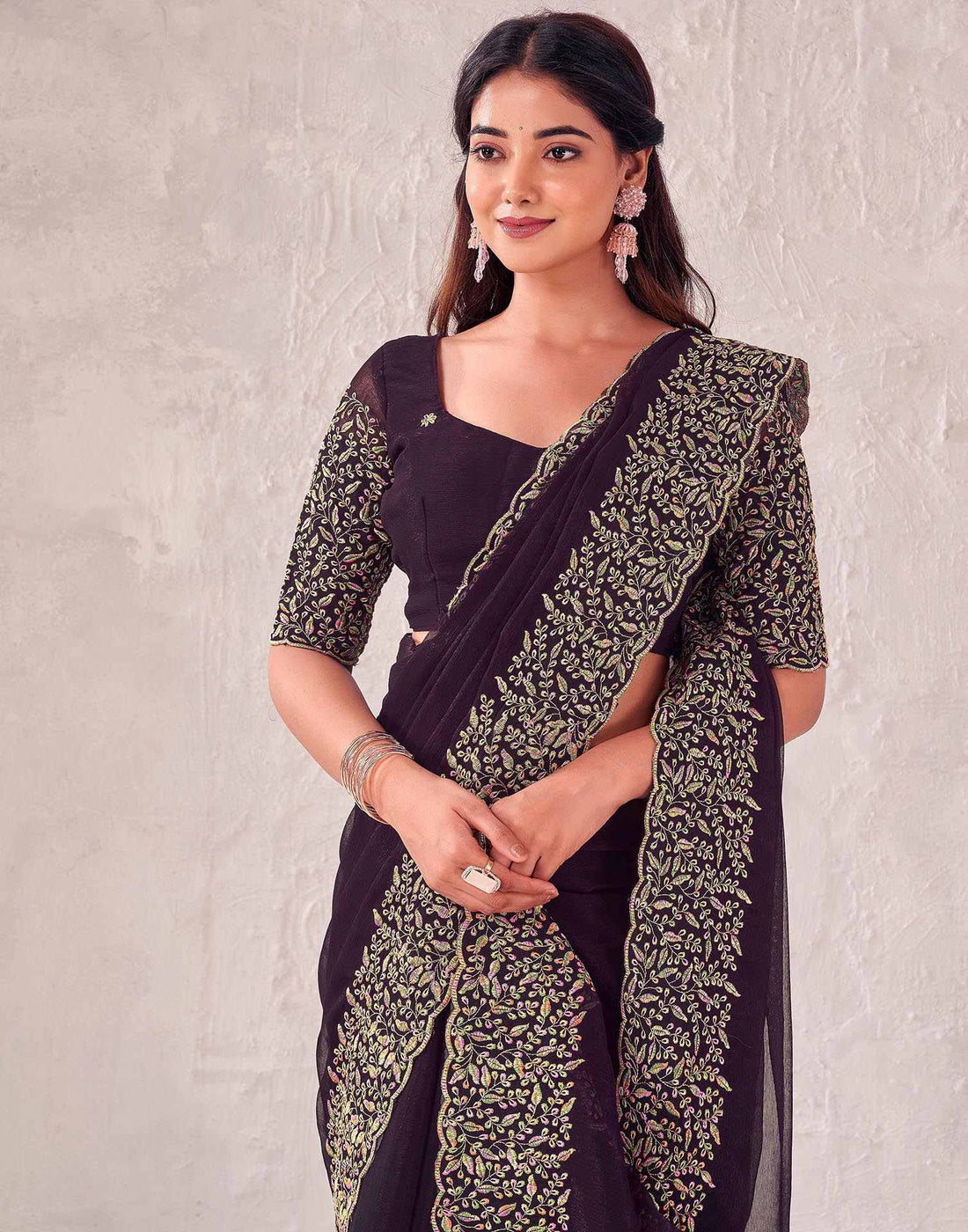 Wine Chiffon Embroidery Saree