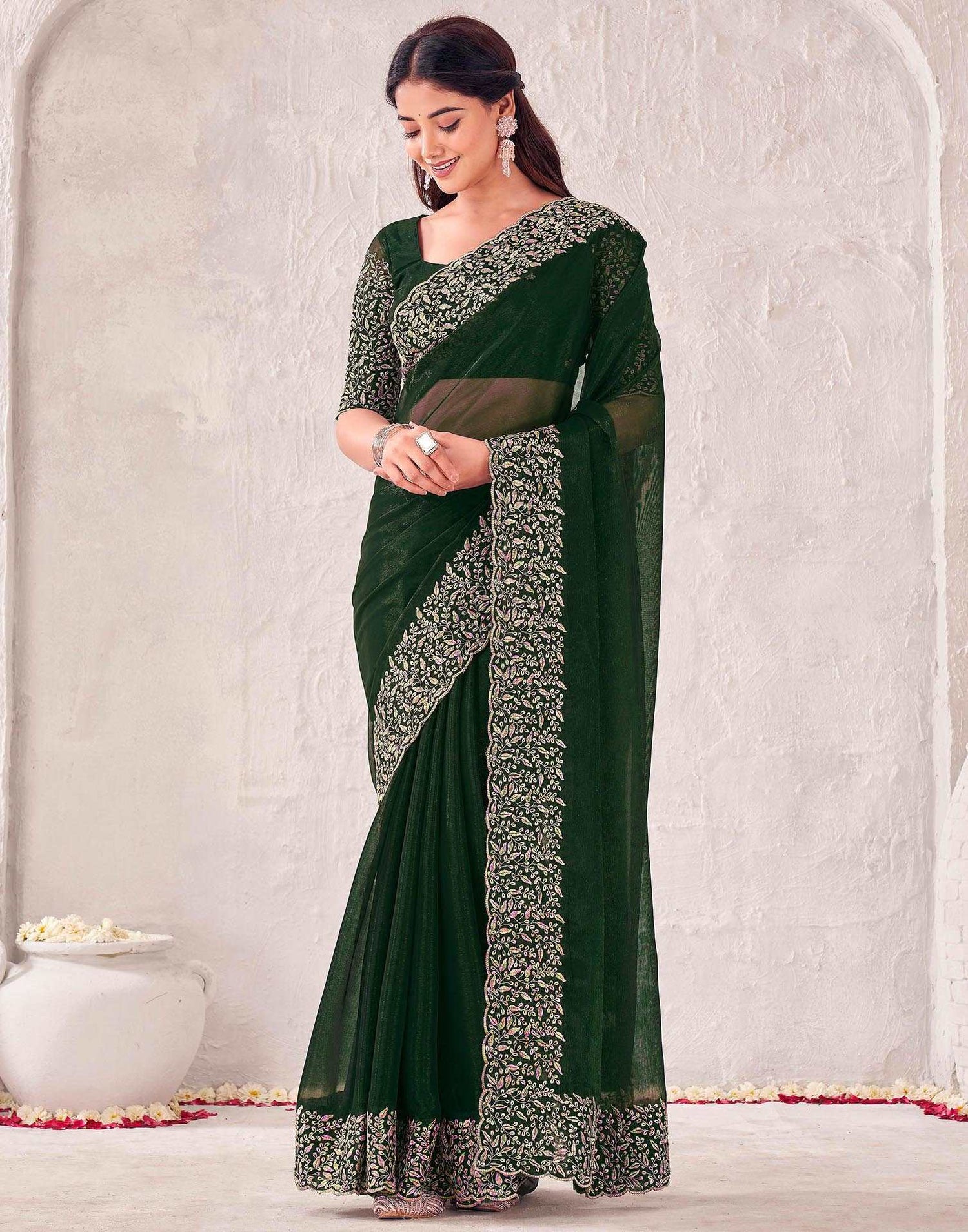 Dark Green Chiffon Embroidery Saree