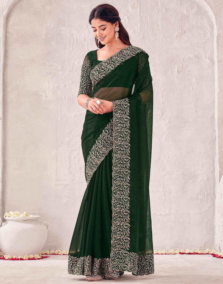 Dark Green Chiffon Embroidery Saree