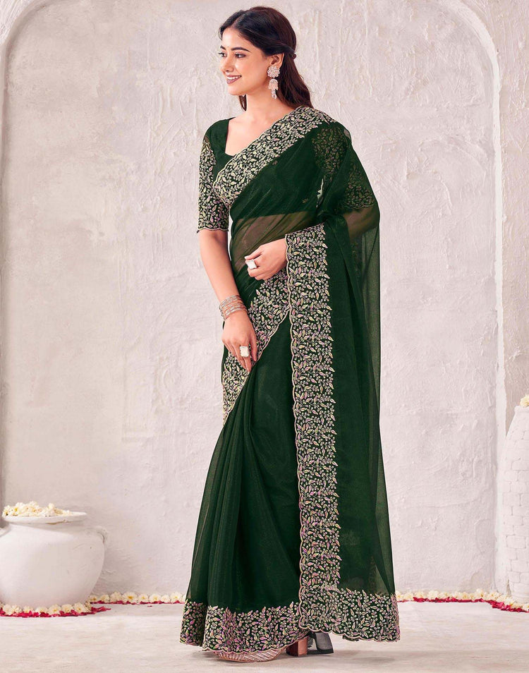 Dark Green Chiffon Embroidery Saree