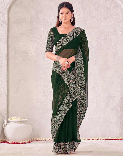 Dark Green Chiffon Embroidery Saree