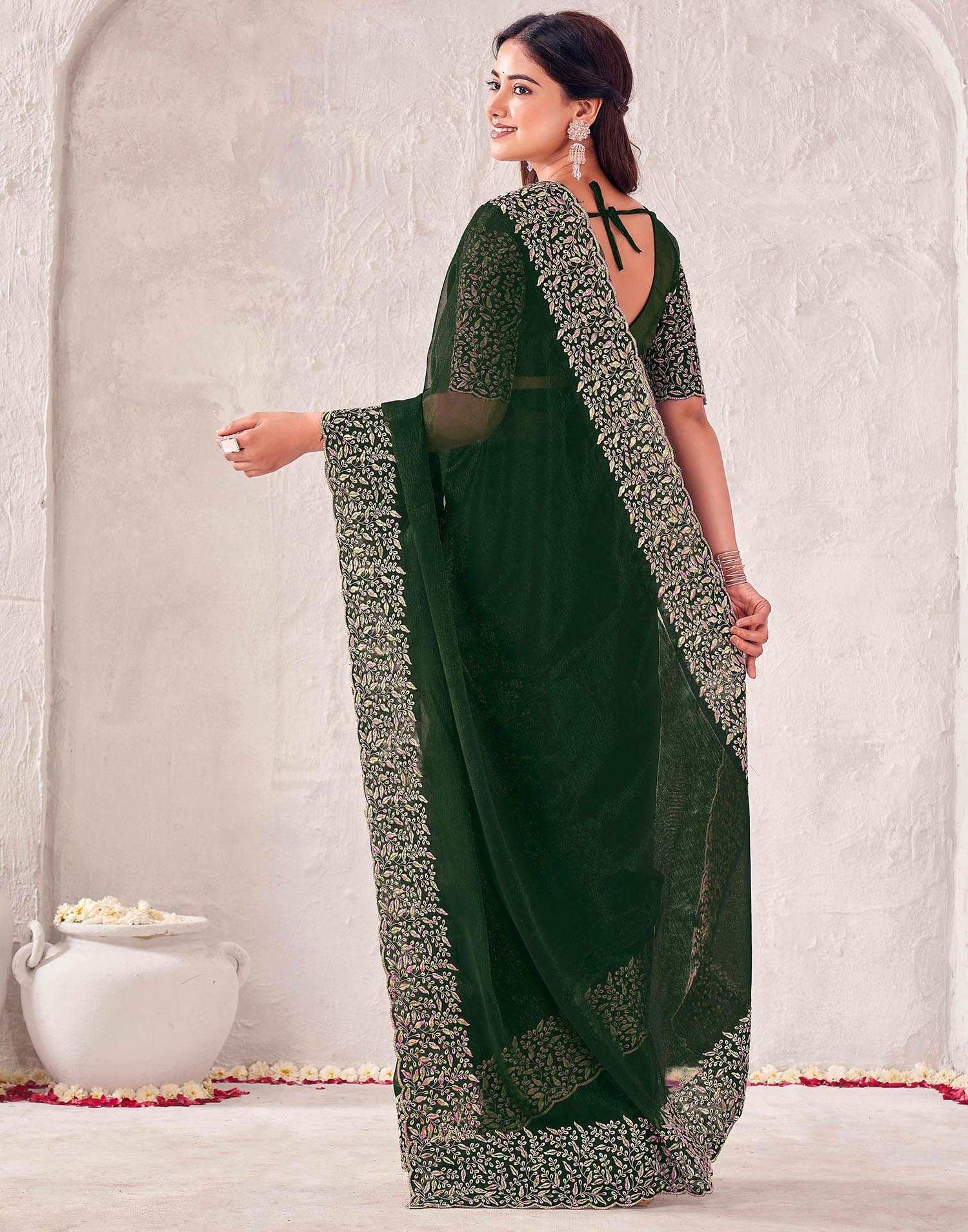 Dark Green Chiffon Embroidery Saree