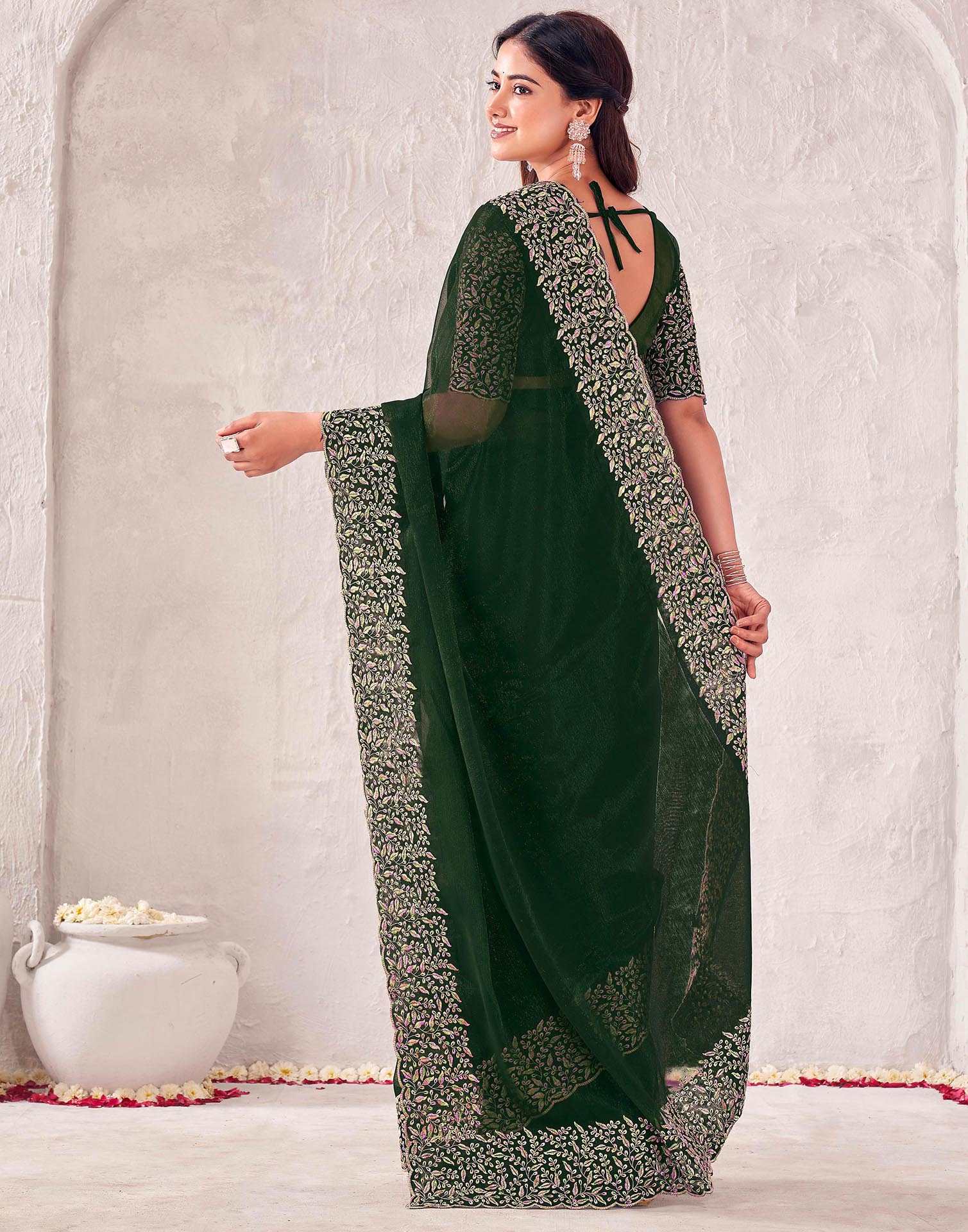 Dark Green Chiffon Embroidery Saree