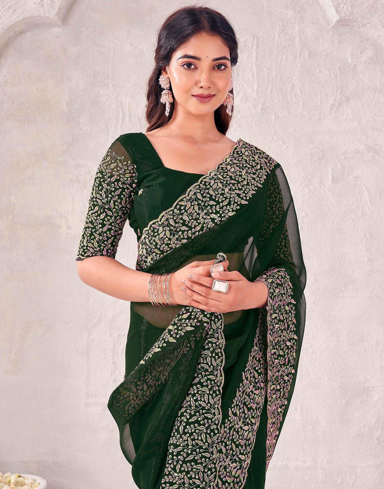 Dark Green Chiffon Embroidery Saree