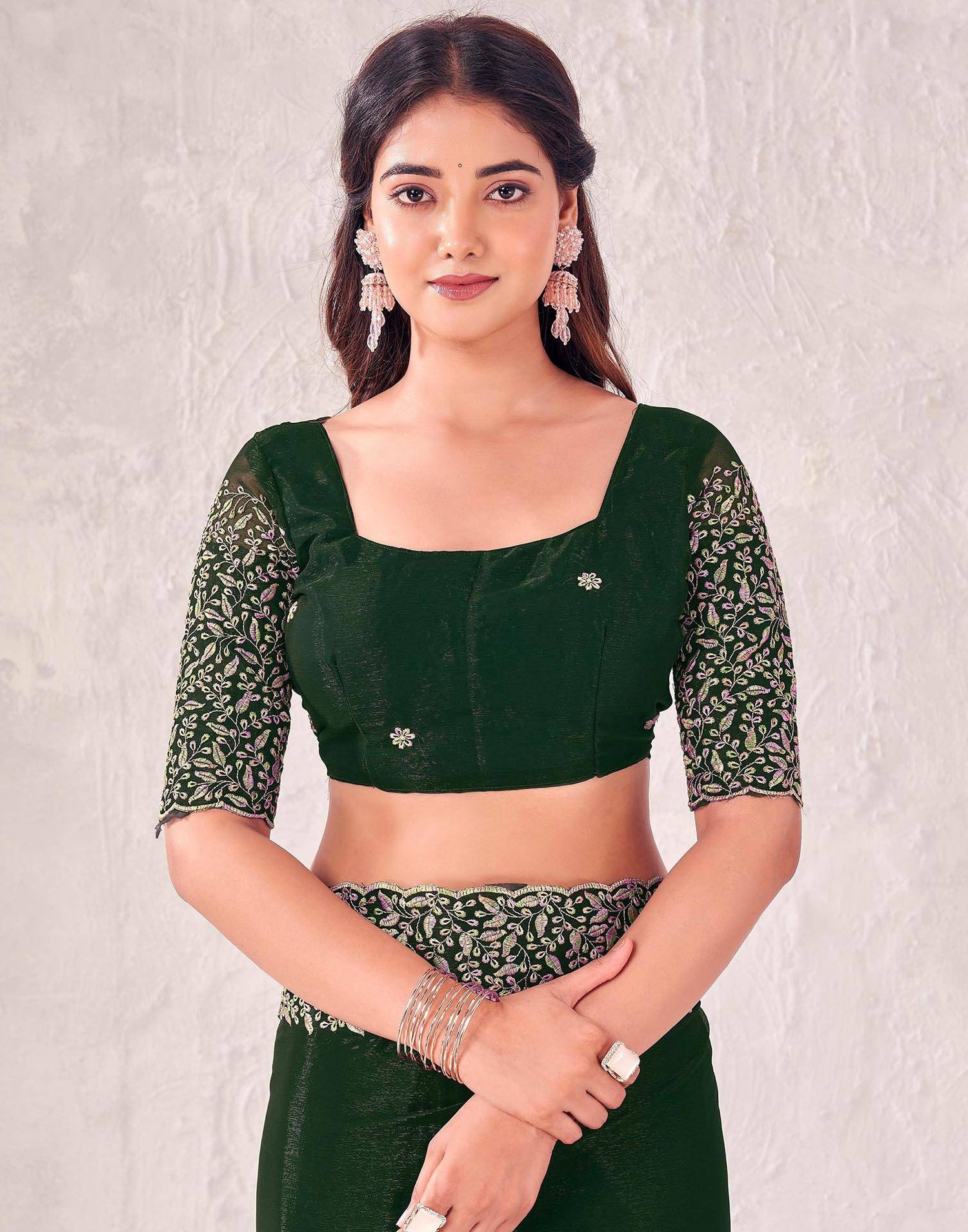 Dark Green Chiffon Embroidery Saree