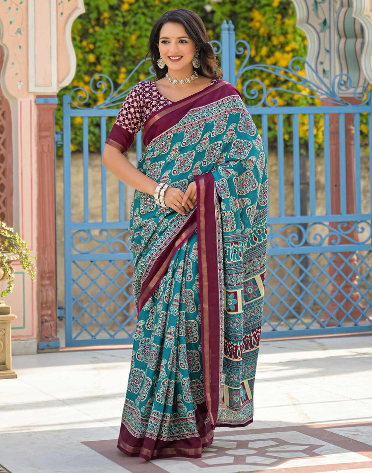 Teal Green Silk Printed Saree
