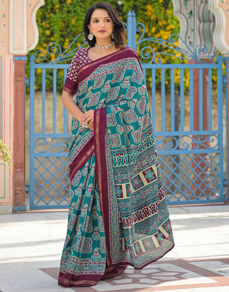 Teal Green Silk Printed Saree