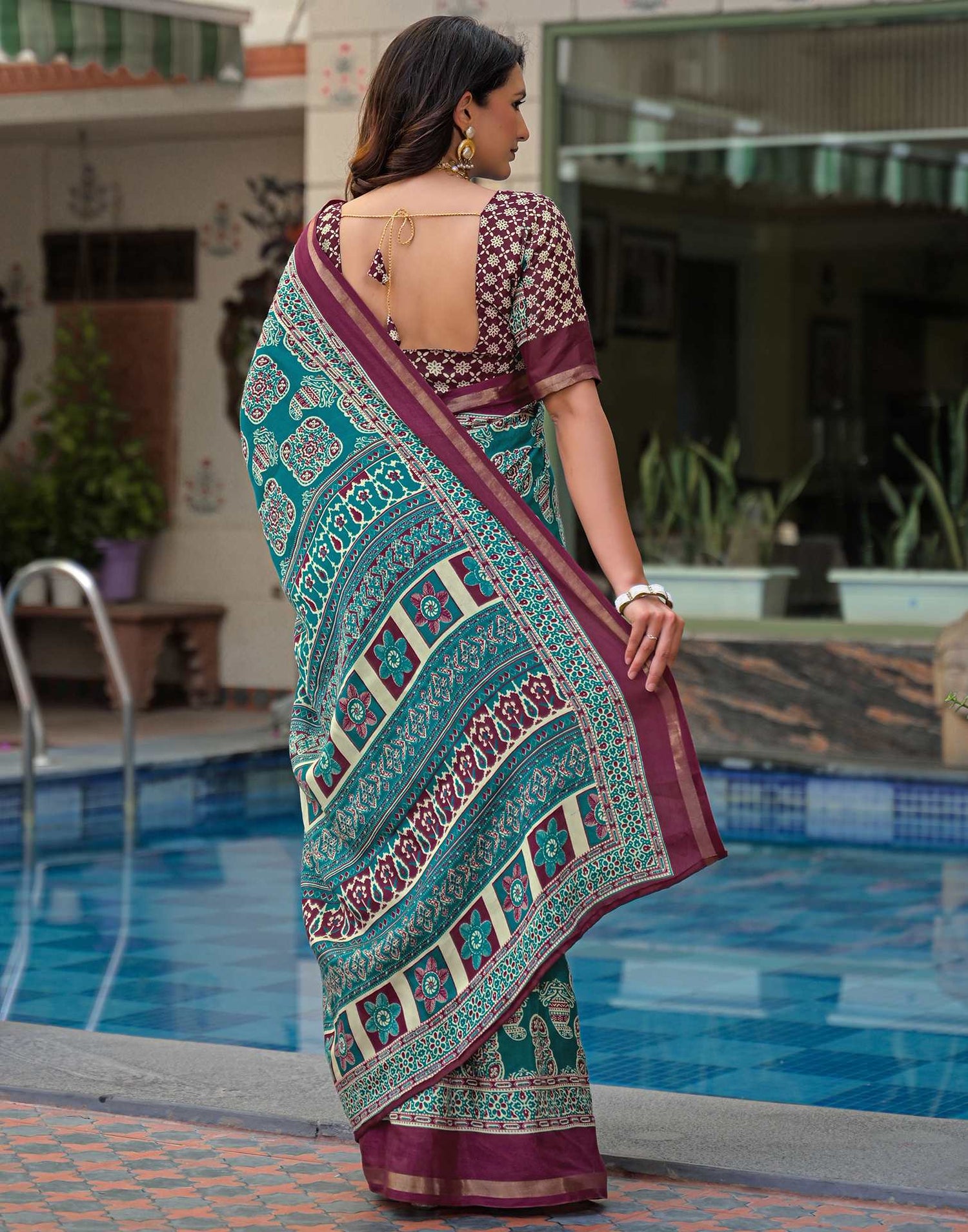 Teal Green Silk Printed Saree