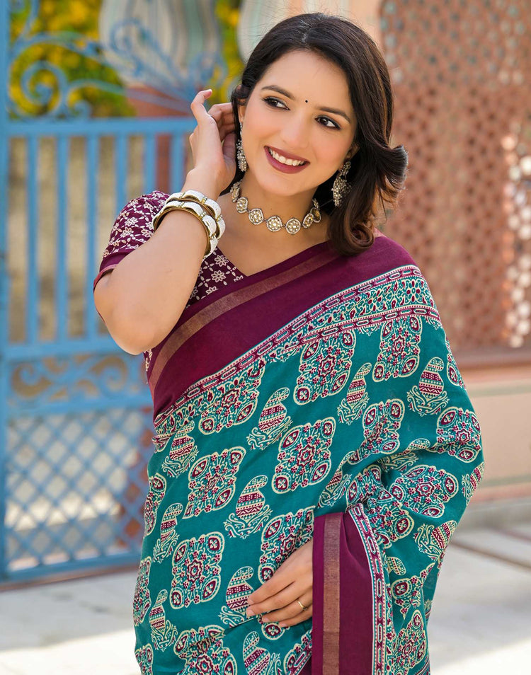 Teal Green Silk Printed Saree