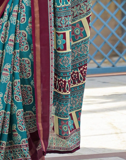 Teal Green Silk Printed Saree