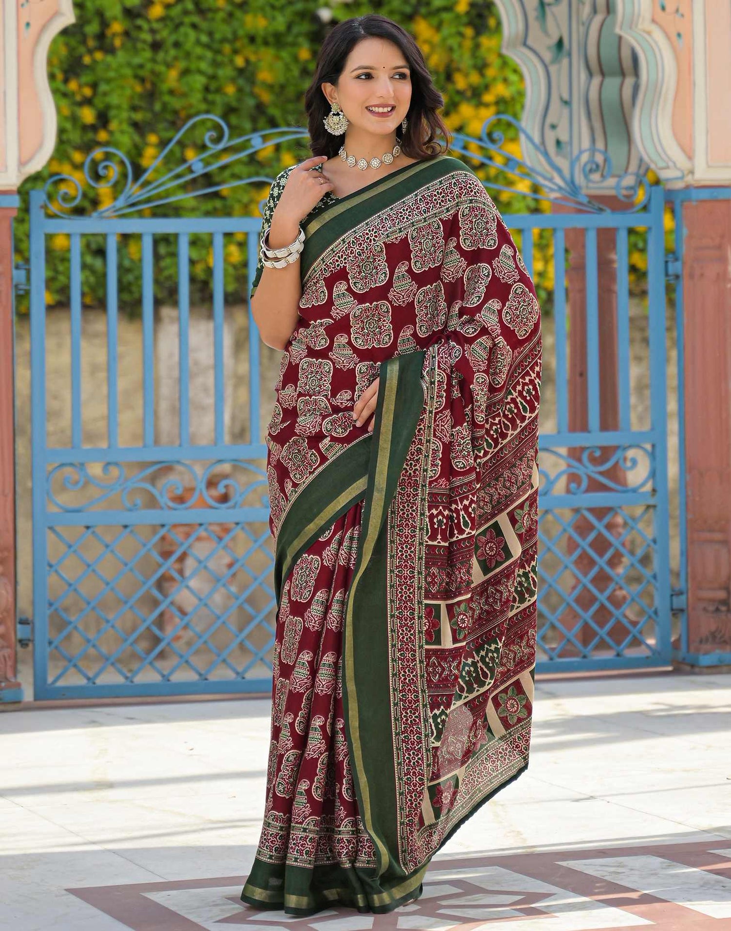 Maroon Silk Printed Saree
