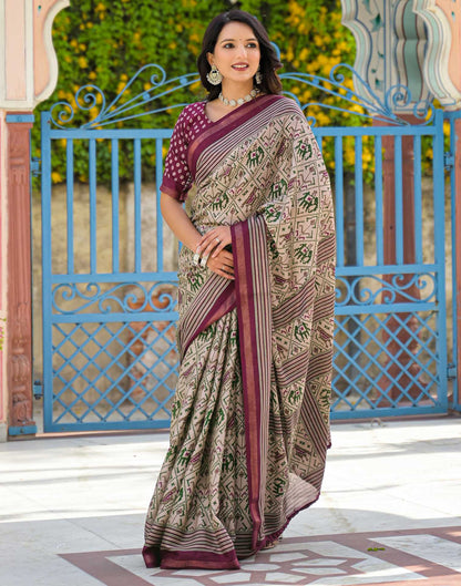 Dusty Beige Silk Ikkat Printed Saree