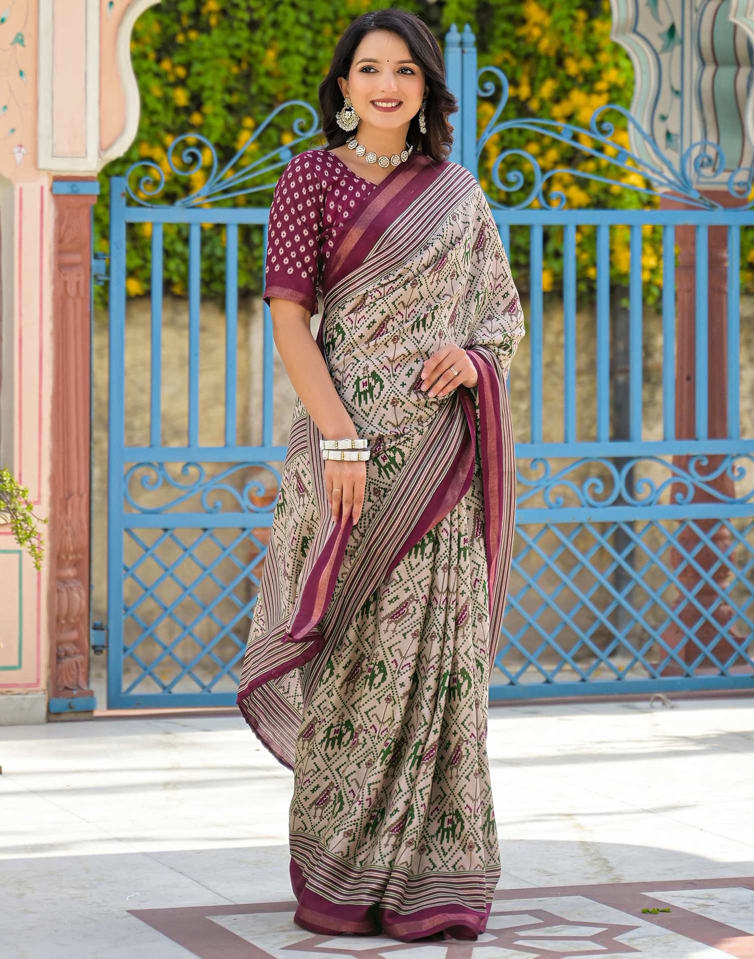 Dusty Beige Silk Ikkat Printed Saree