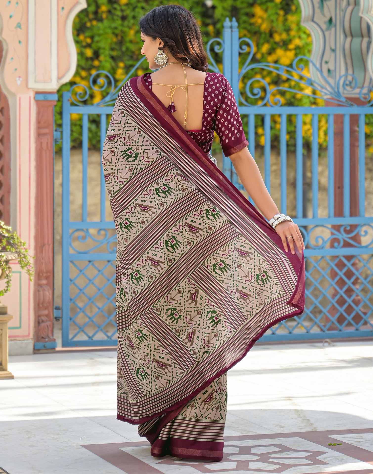 Dusty Beige Silk Ikkat Printed Saree