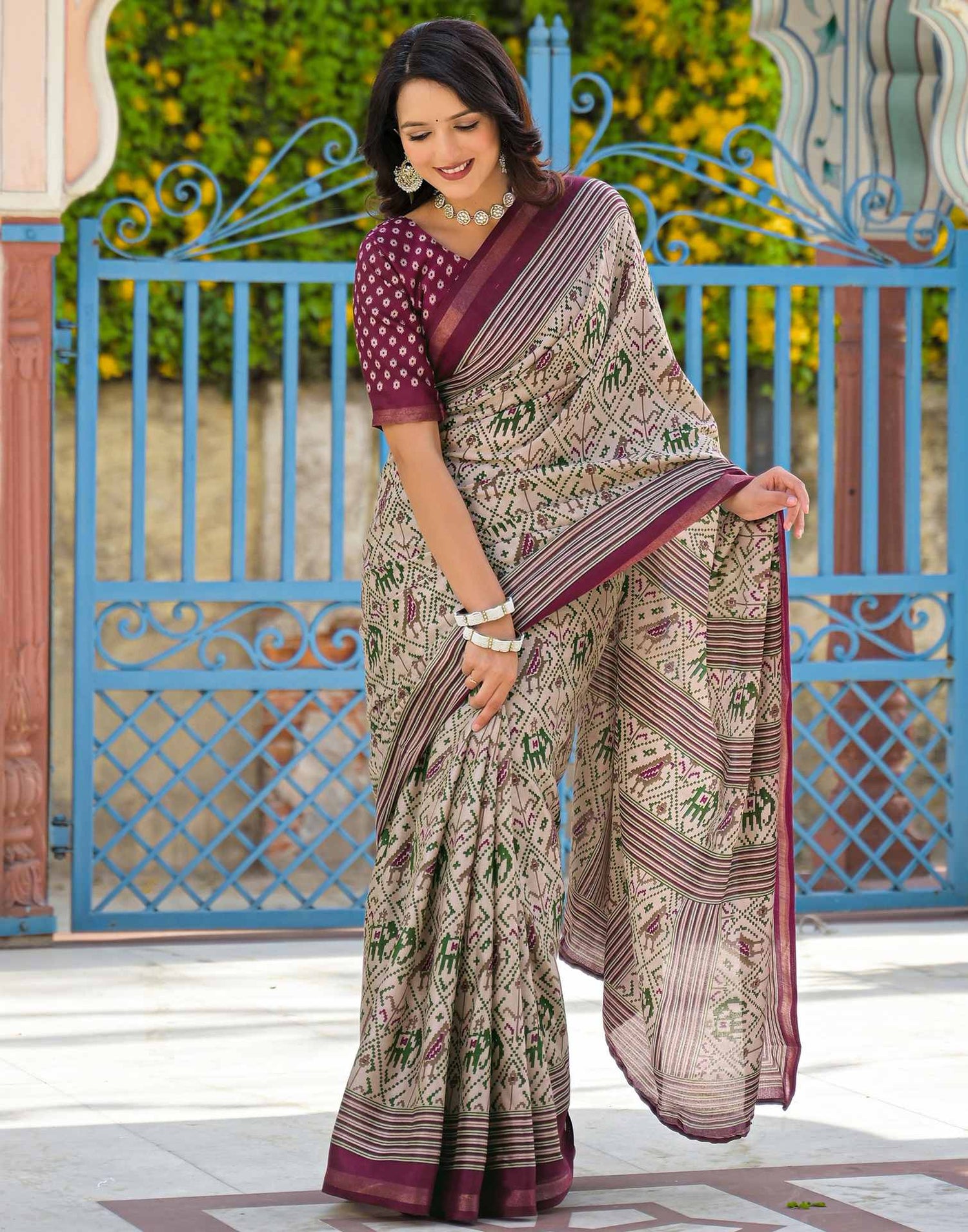 Dusty Beige Silk Ikkat Printed Saree