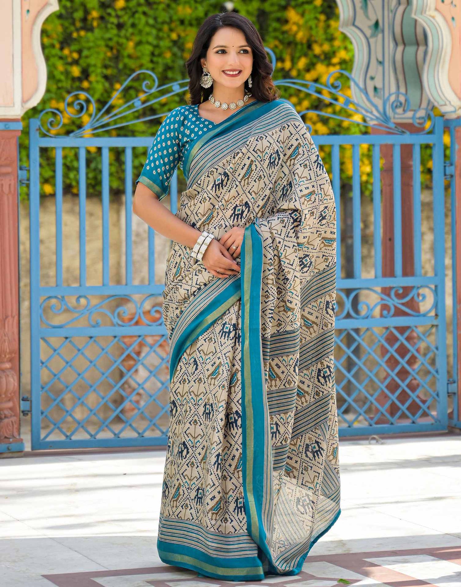 Dusty Beige Silk Ikkat Printed Saree