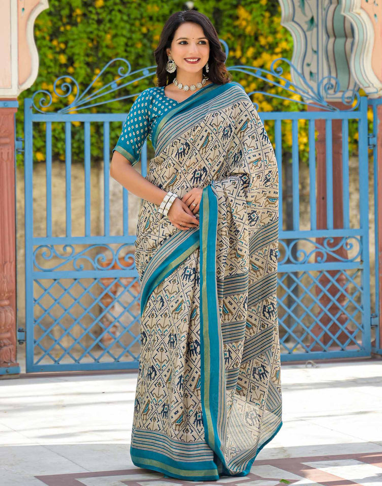 Dusty Beige Silk Ikkat Printed Saree