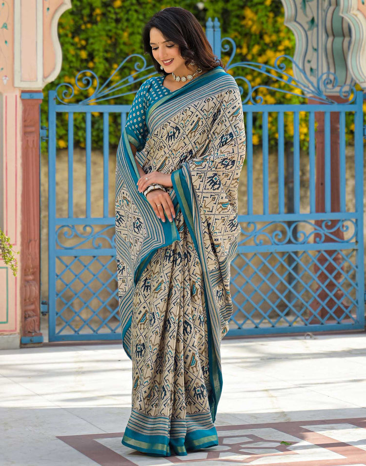 Dusty Beige Silk Ikkat Printed Saree