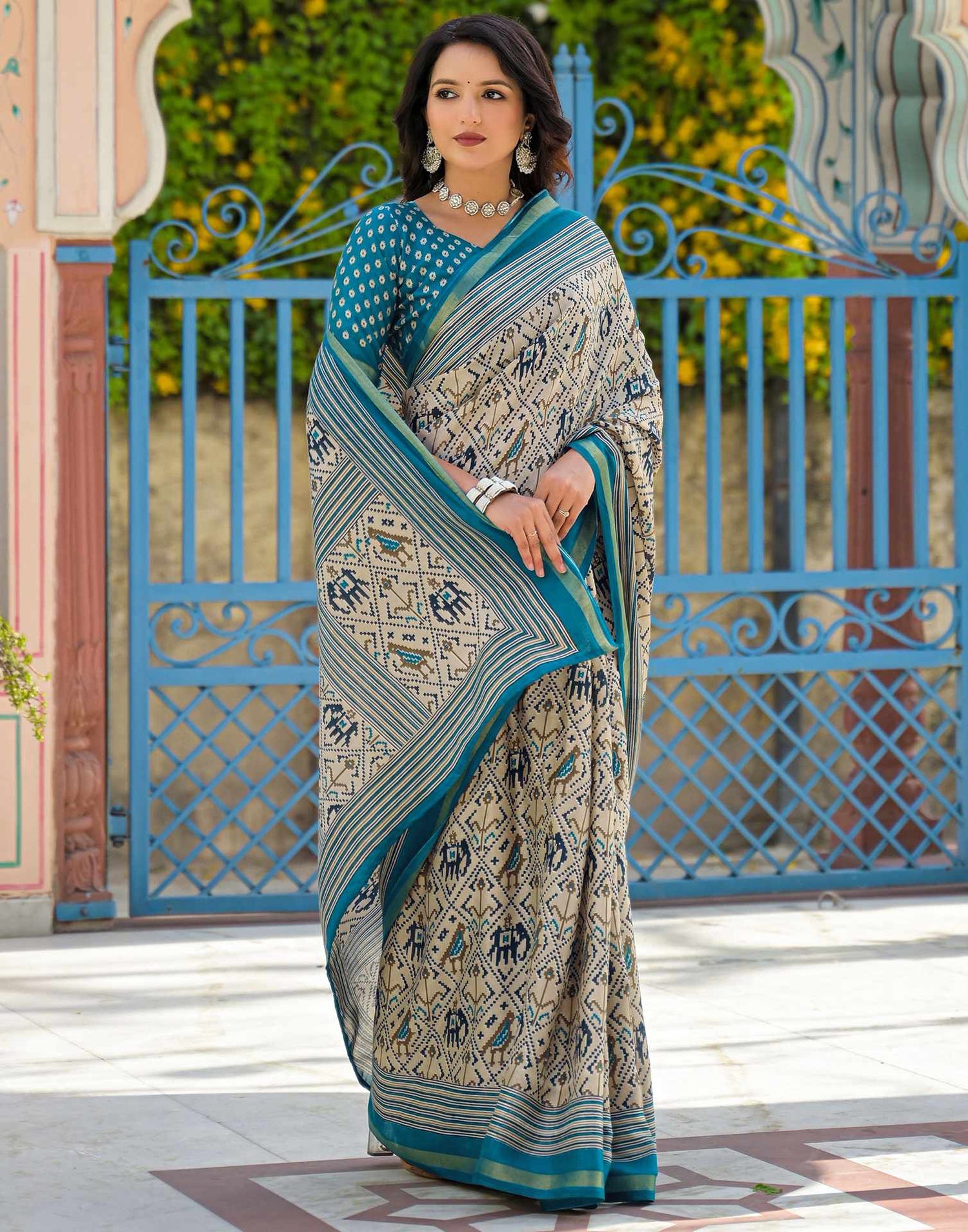 Dusty Beige Silk Ikkat Printed Saree
