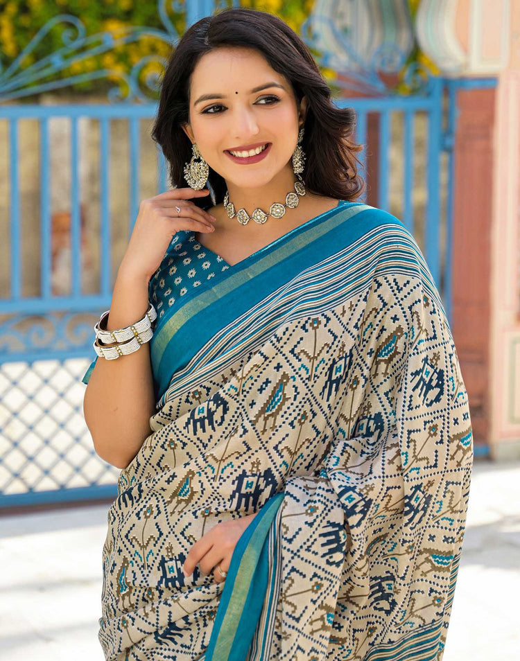Dusty Beige Silk Ikkat Printed Saree