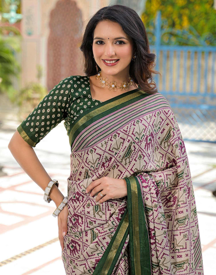 Dusty Beige Silk Ikkat Printed Saree