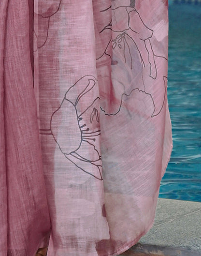 Mauve Linen Floral Printed Saree