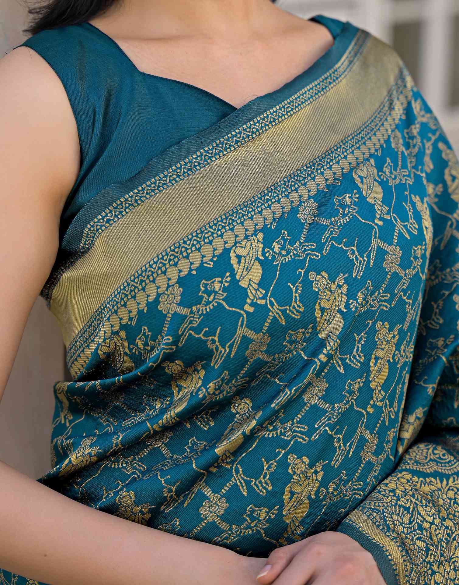 Peacock Blue Silk Woven Banarasi Saree