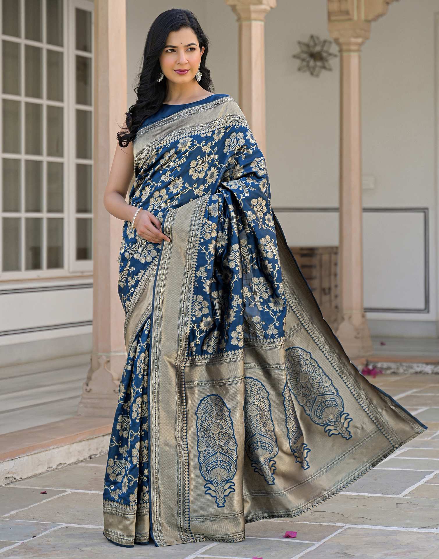 Dark Blue Silk Woven Banarasi Saree
