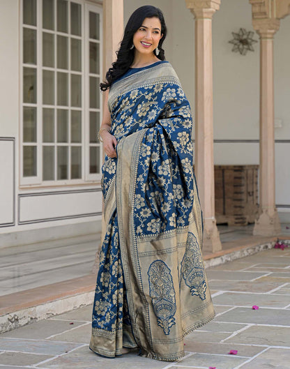 Dark Blue Silk Woven Banarasi Saree