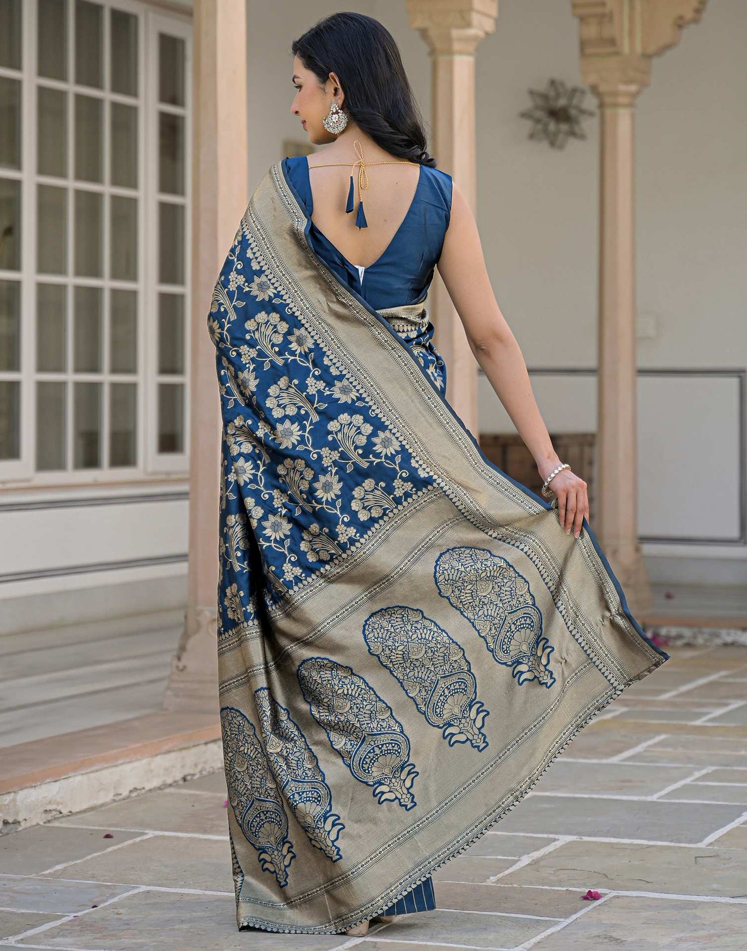 Dark Blue Silk Woven Banarasi Saree