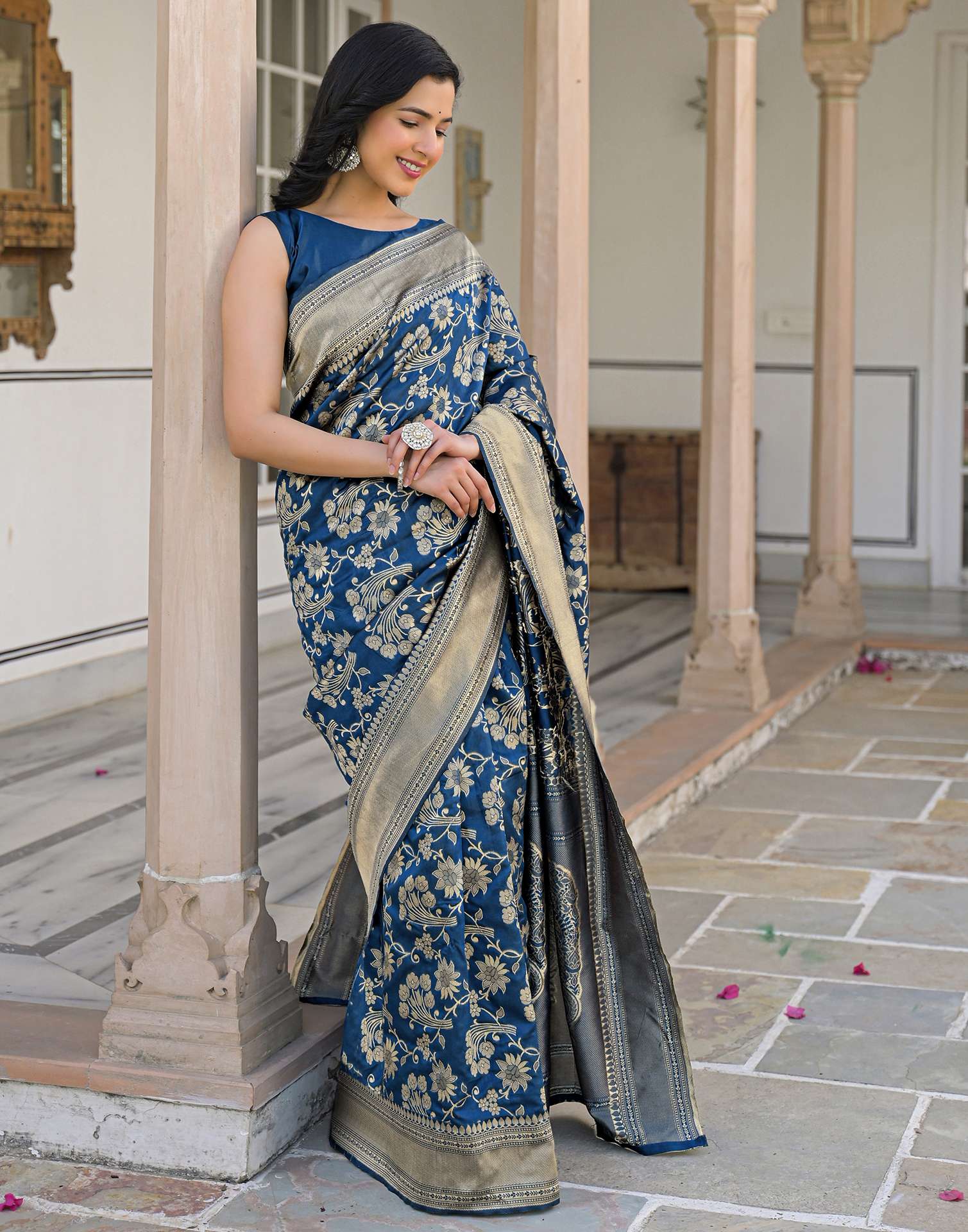 Dark Blue Silk Woven Banarasi Saree
