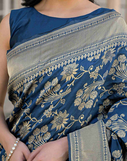 Dark Blue Silk Woven Banarasi Saree