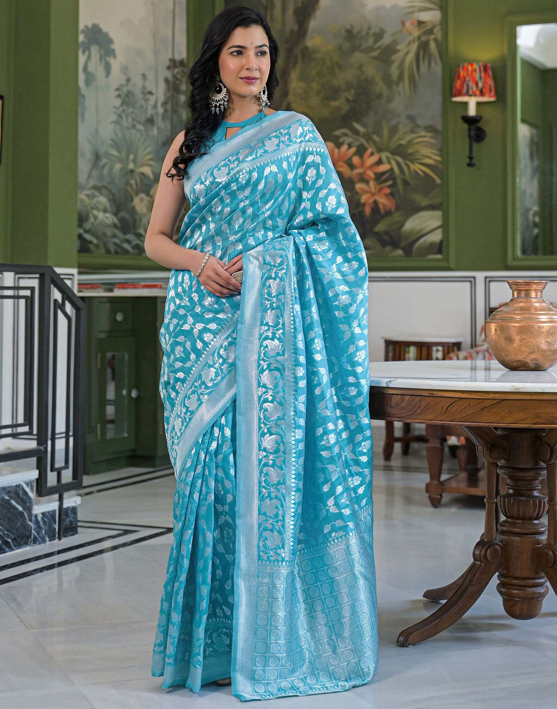 Sky Blue Silk Woven Bananrasi Saree
