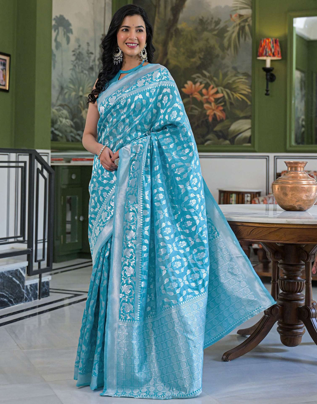 Sky Blue Silk Woven Bananrasi Saree