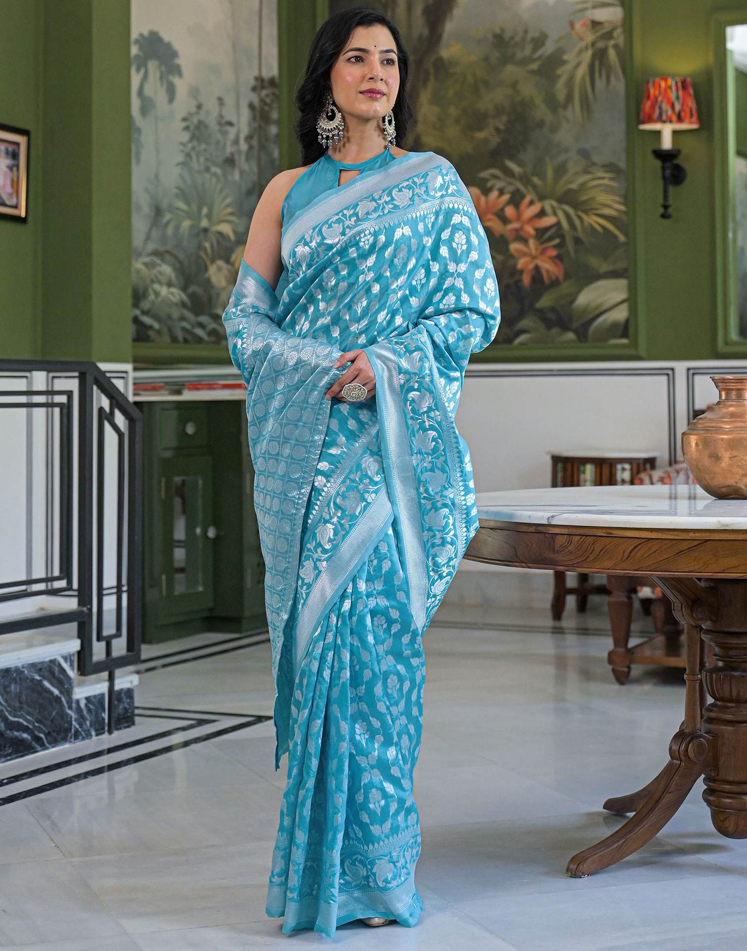 Sky Blue Silk Woven Bananrasi Saree