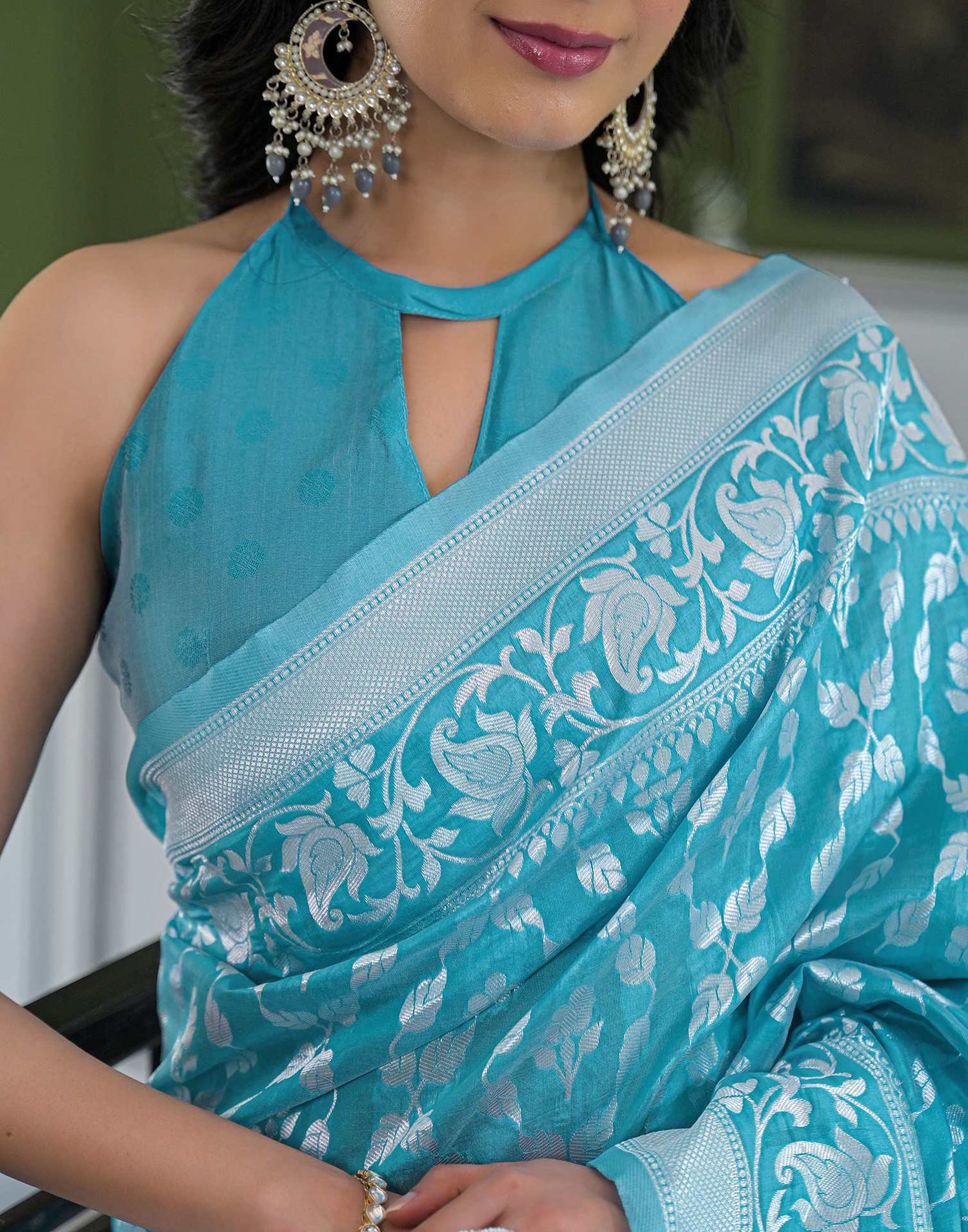 Sky Blue Silk Woven Bananrasi Saree