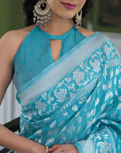Sky Blue Silk Woven Bananrasi Saree