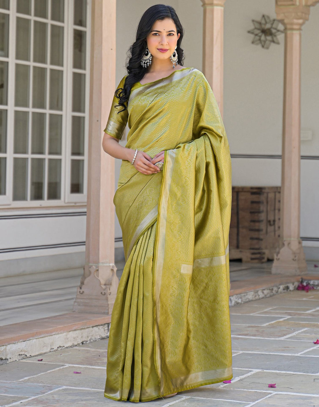 Olive Green Silk Woven Bananrasi Saree