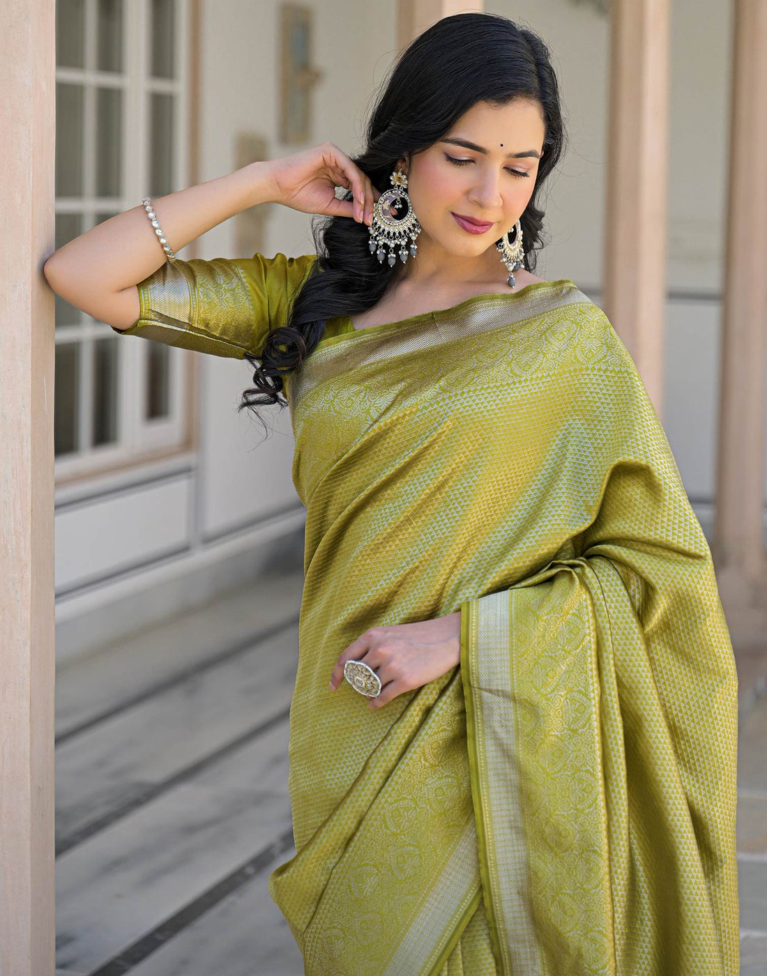 Olive Green Silk Woven Bananrasi Saree