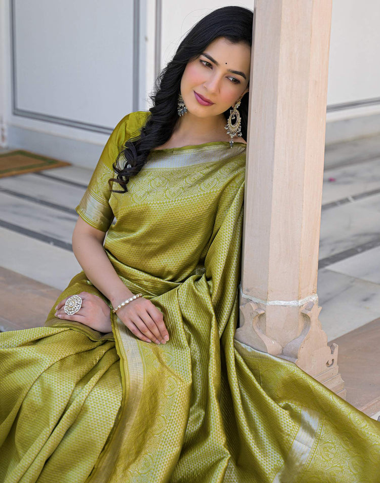 Olive Green Silk Woven Banarasi Saree