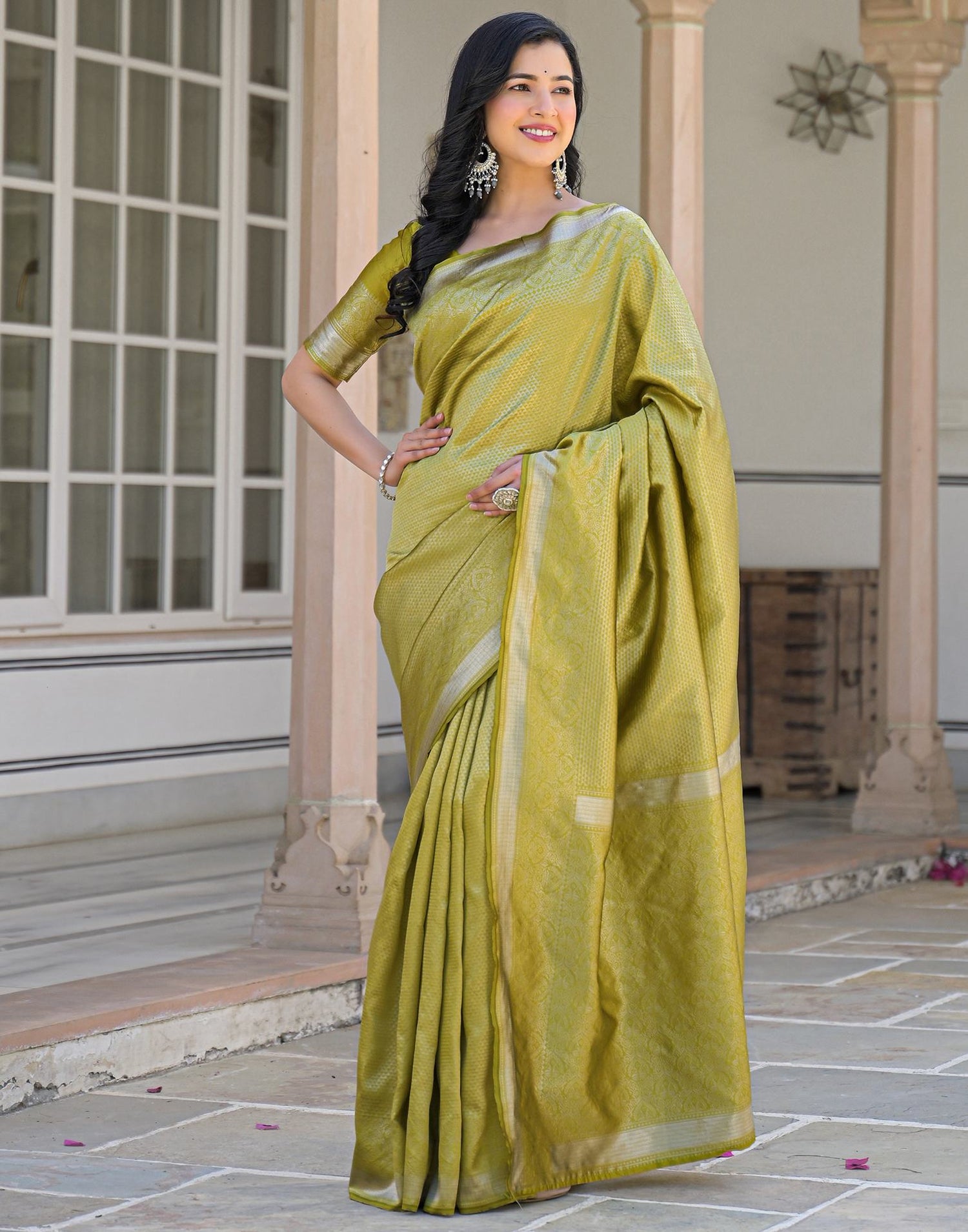 Olive Green Silk Woven Bananrasi Saree