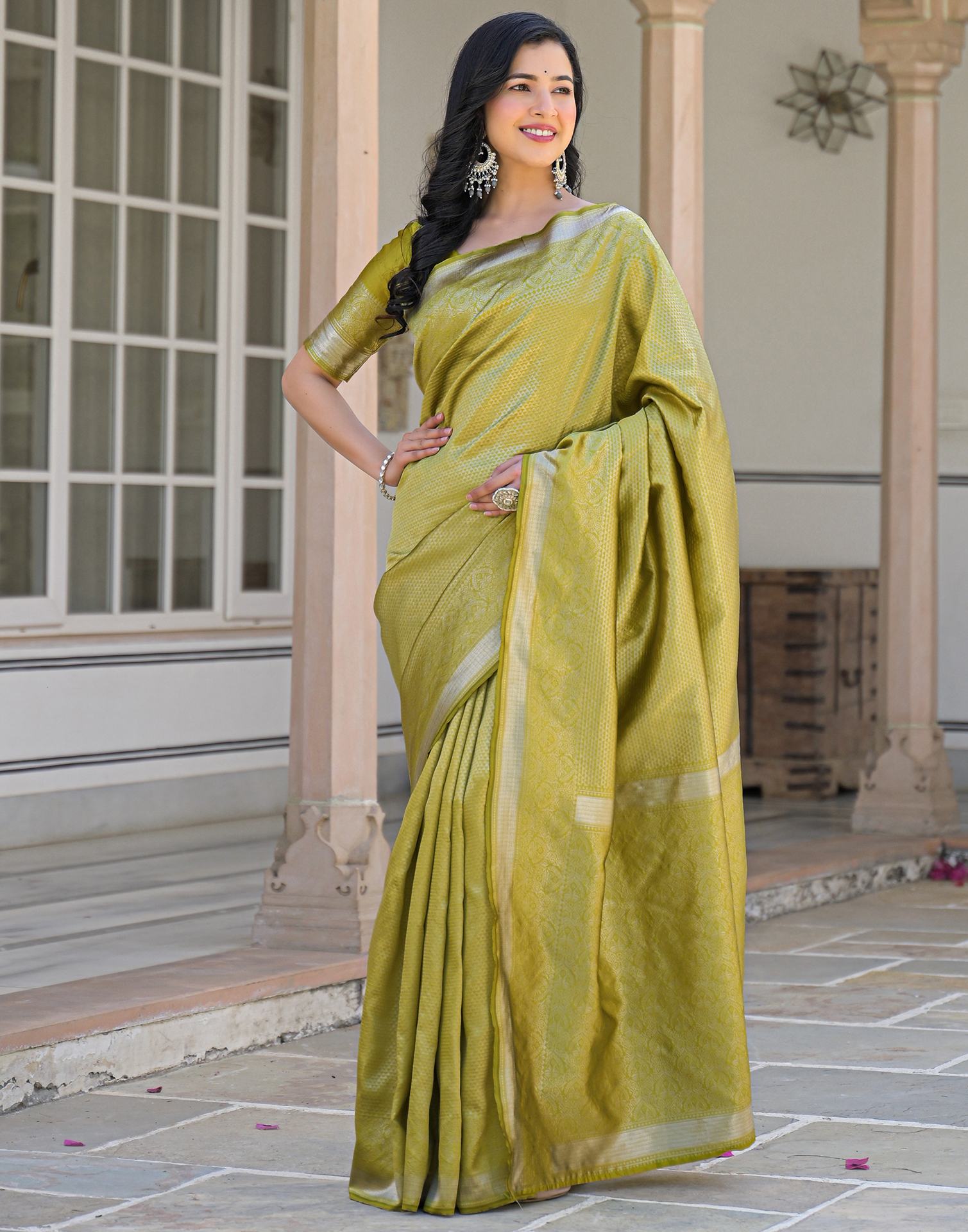 Olive Green Silk Woven Bananrasi Saree