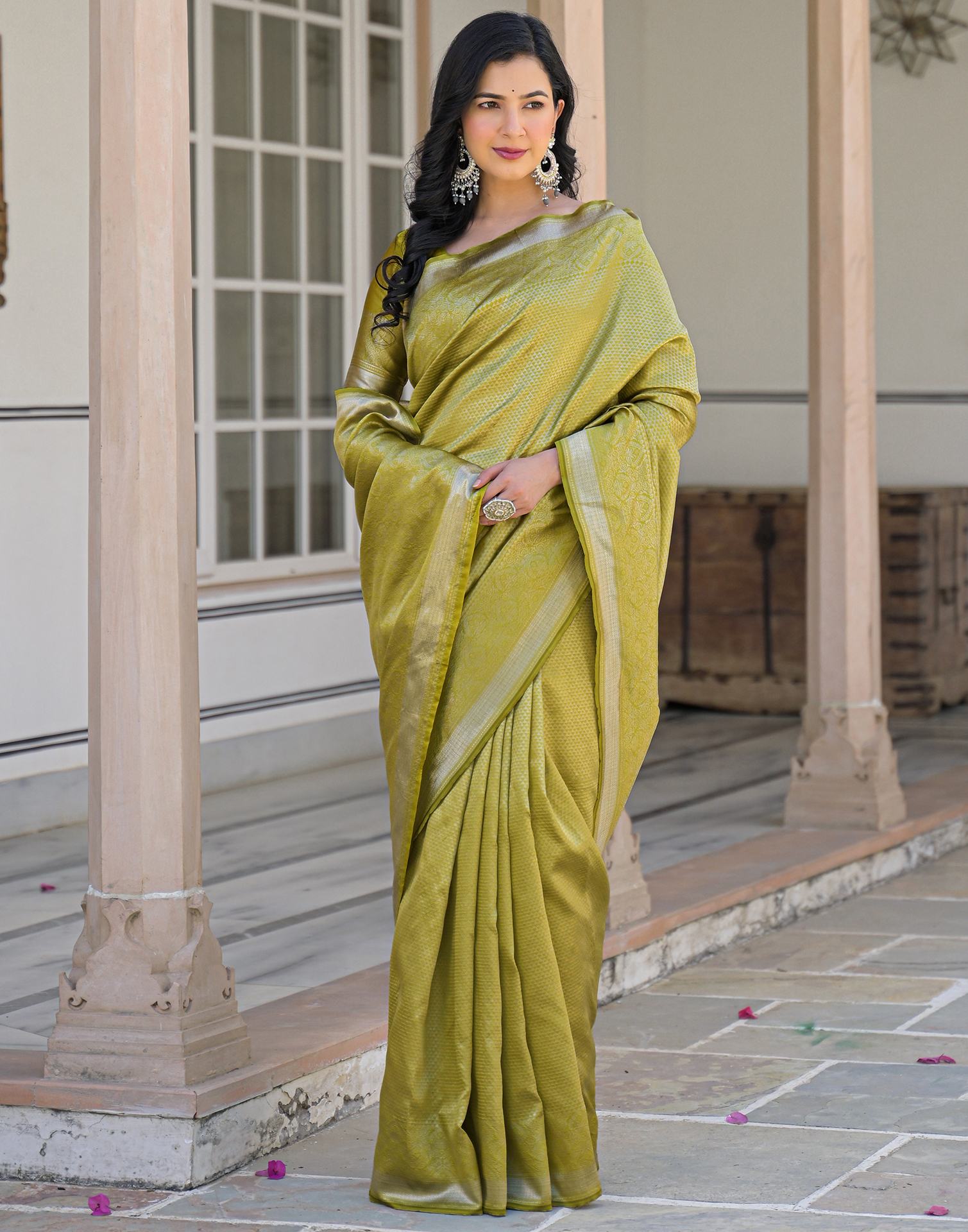 Olive Green Silk Woven Bananrasi Saree
