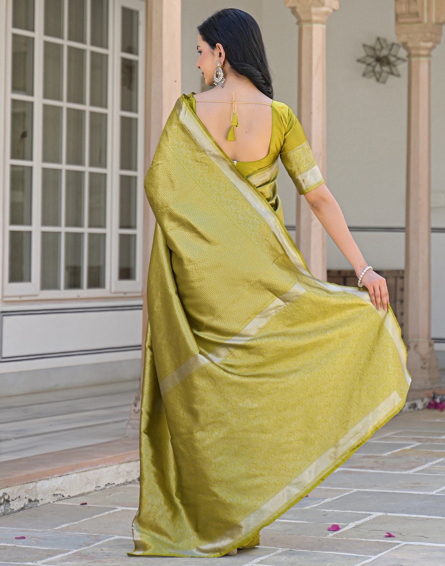 Olive Green Silk Woven Bananrasi Saree