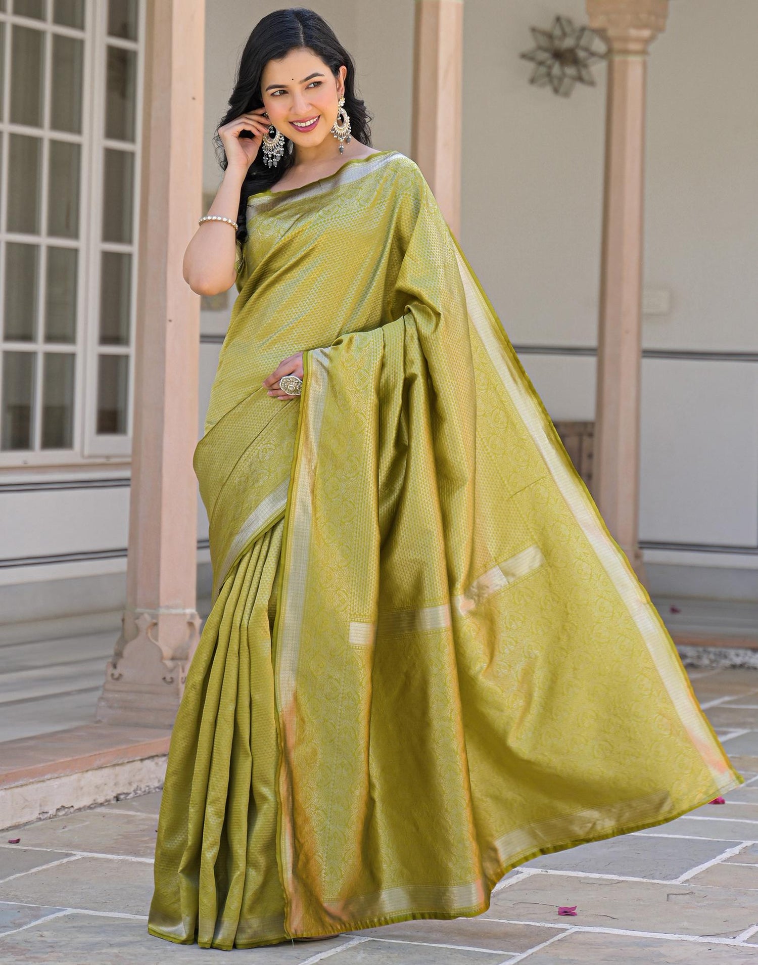 Olive Green Silk Woven Bananrasi Saree