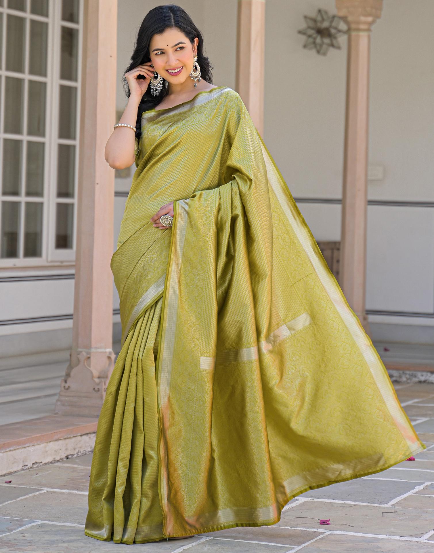 Olive Green Silk Woven Bananrasi Saree