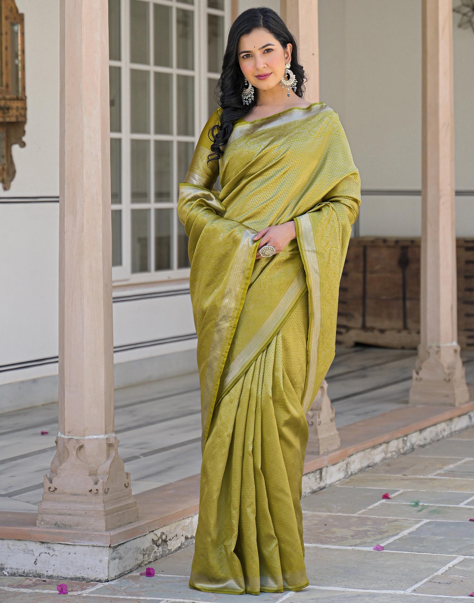 Olive Green Silk Woven Bananrasi Saree